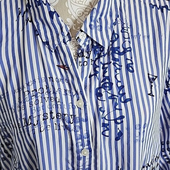Chico's Tunic Top long Sleeve Blue Striped Button Down W/script Women's XL - Picture 2 of 7